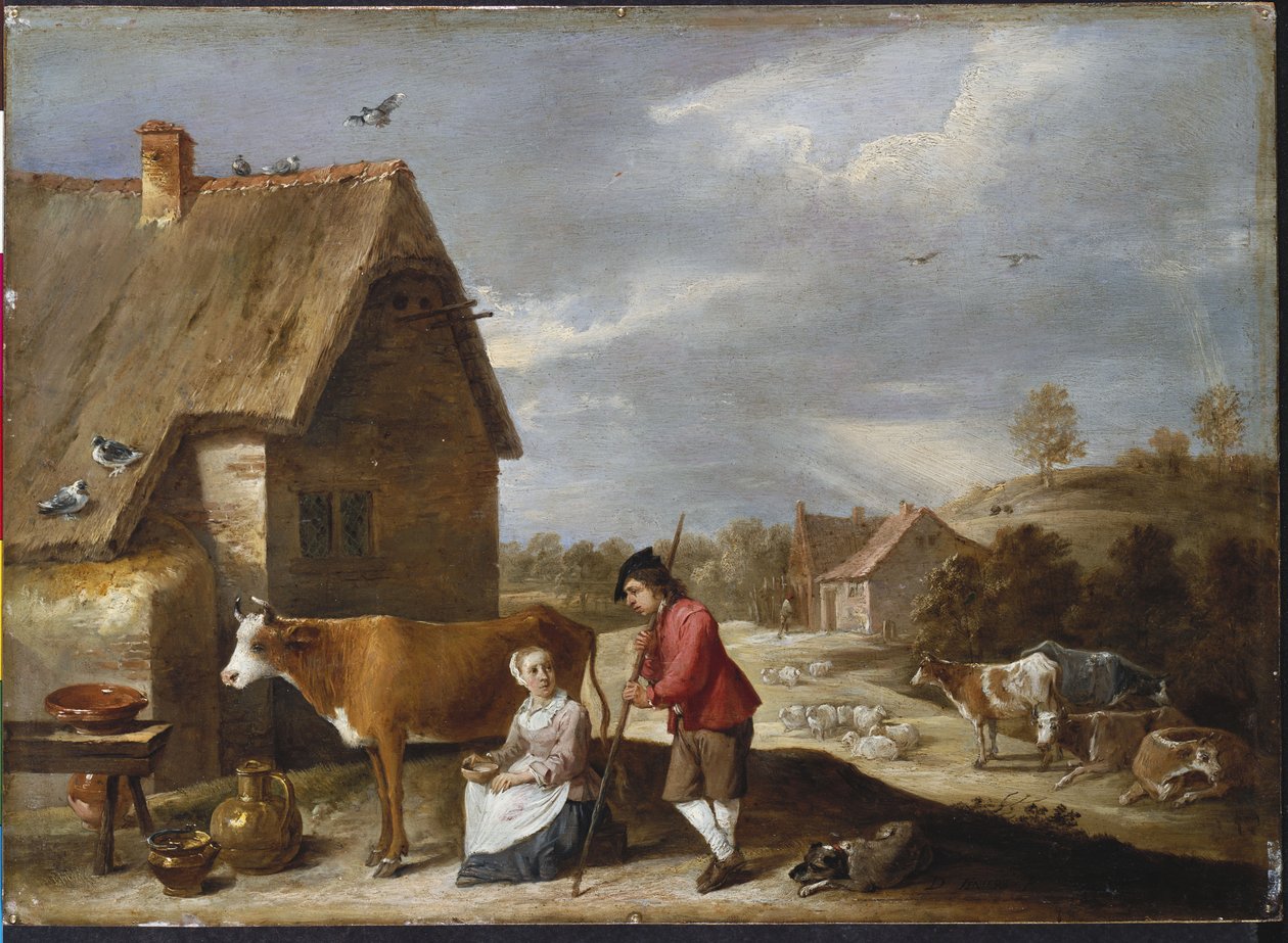 Egy tejeslány és egy pásztor a kunyhón kívül, 1640-es évek vége alkotó: David Teniers the Younger