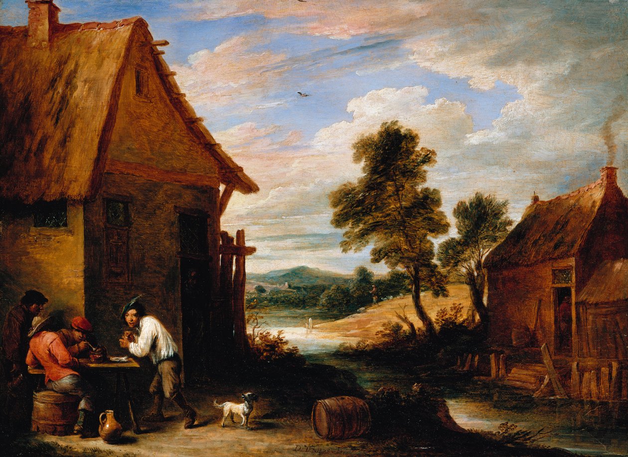 Folyói táj parasztokkal a kocsmán kívül alkotó: David Teniers the Younger