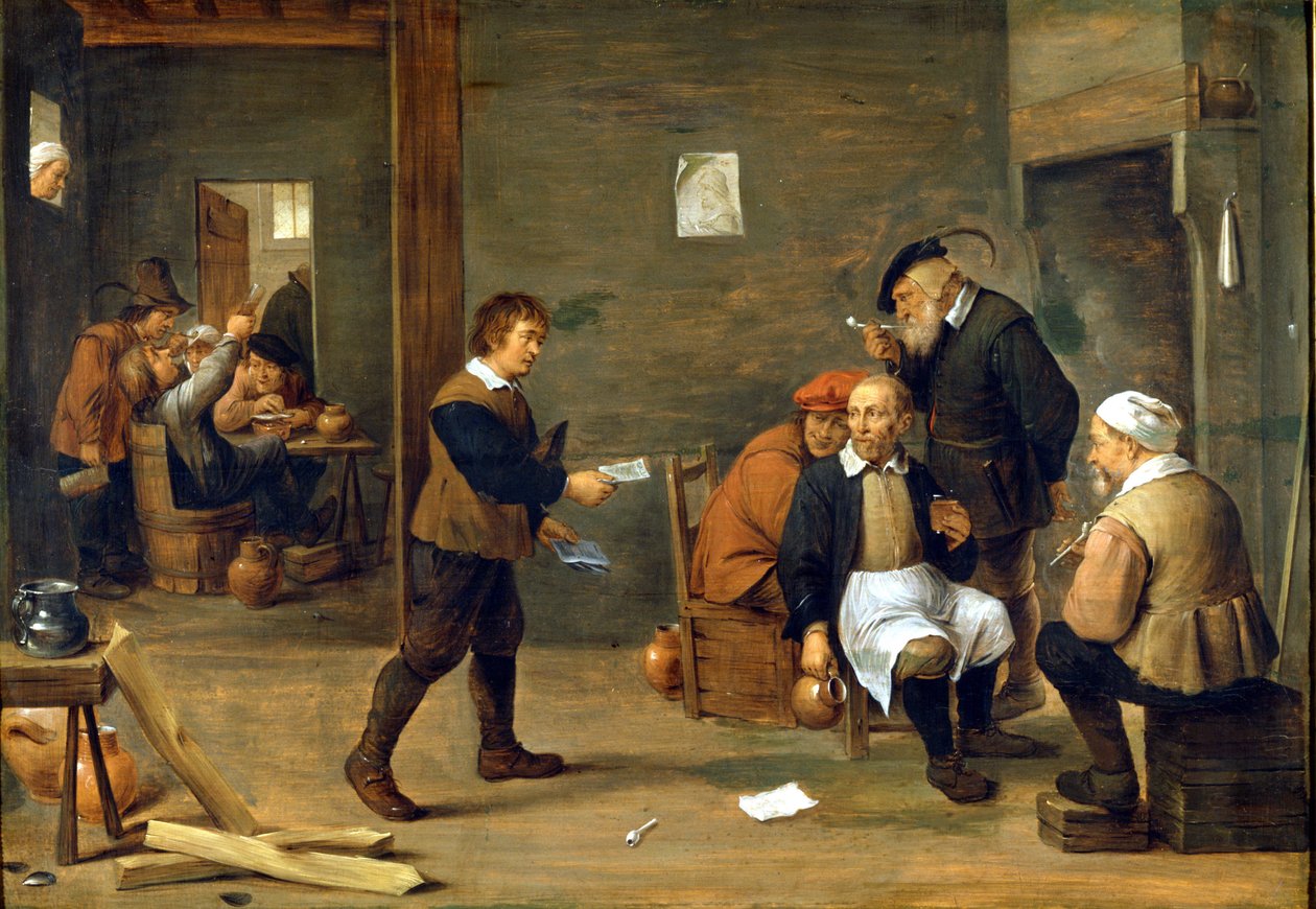 Egy csapat férfi melegedik a kémény előtt. David Teniers dit Le Jeune (1610 - 1690) festménye Milánó, Museo del castello. alkotó: David Teniers the Younger