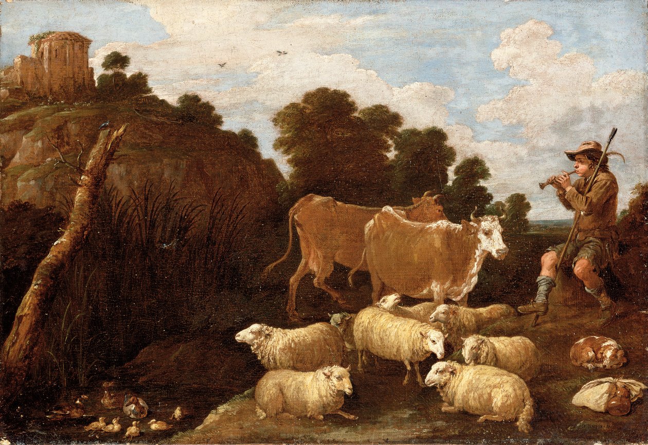 Folyói táj pipázó pásztorral, klasszikus romokkal a dombtetőn túl alkotó: David Teniers the Younger