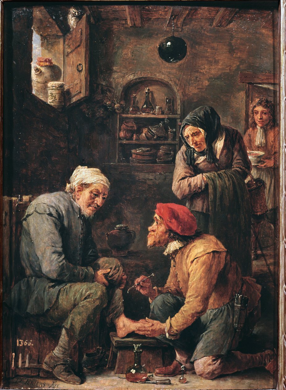 Sebészeti műtét, az orvos felnyitja a beteg lábát (olaj, vászon alkotó: David Teniers the Younger