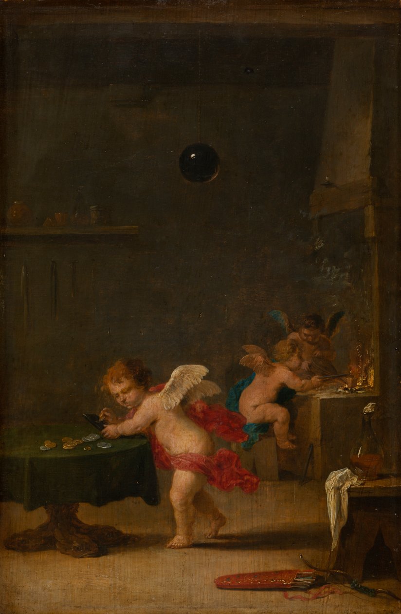 Amoretti egy alkimista műhelyében, 1635-37 körül (olaj, tölgyfa) alkotó: David the Younger Teniers