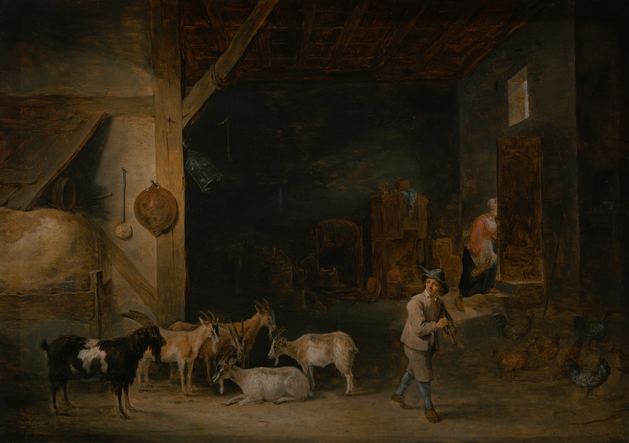Pajta kecskékkel és egy fiúval, aki felveszik, 1640-45 körül alkotó: David Teniers the Younger