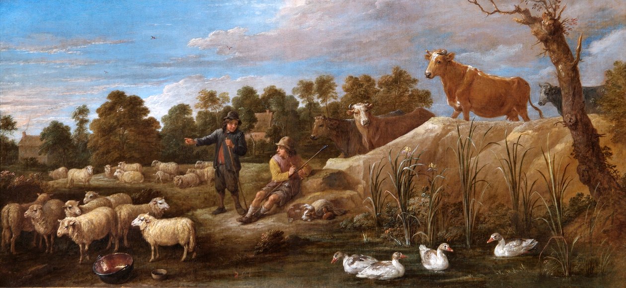 Táj két pásztorral, szarvasmarhával és kacsával (olaj, vászon) alkotó: David Teniers the Younger