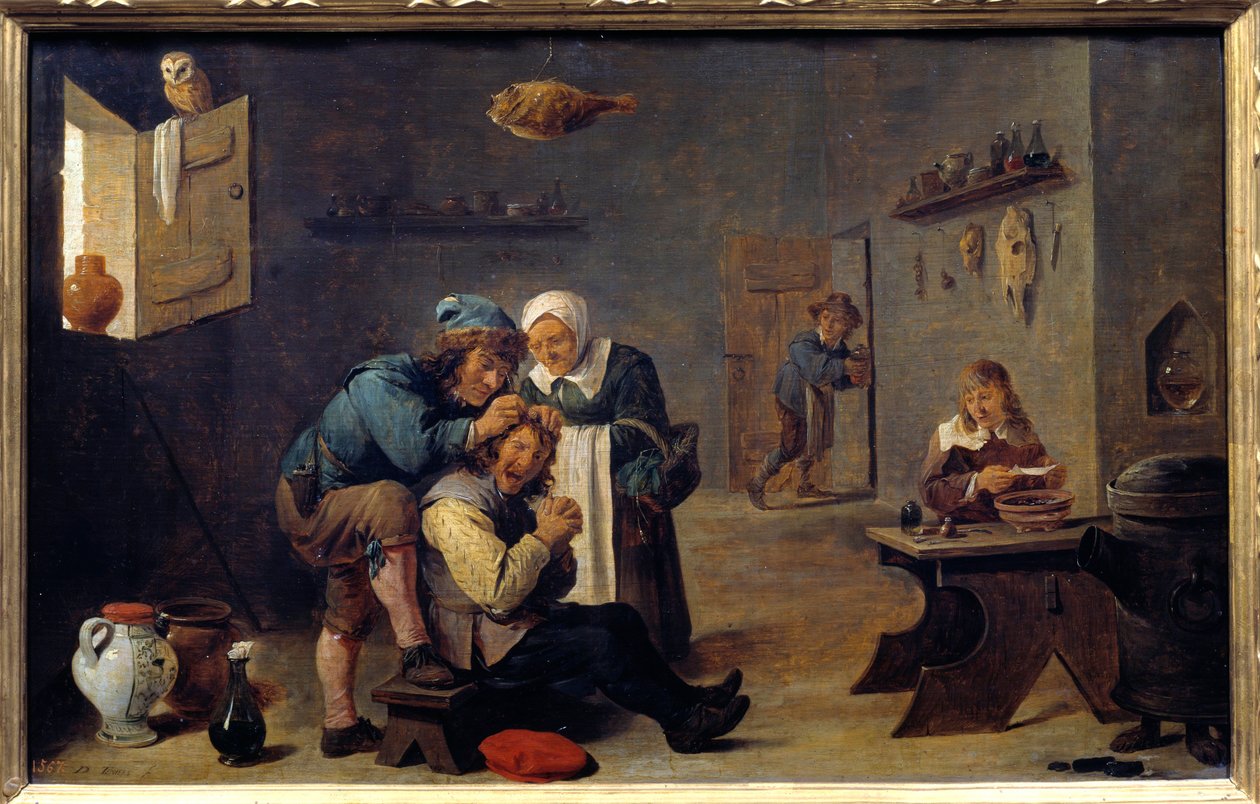Orvostudomány: „” A sebészeti műtét”” David Teniers II. a fiatal (1610-1690) festménye (ec.flam.) V. 0,33x0,25 m Madrid, Prado Múzeum alkotó: David Teniers the Younger