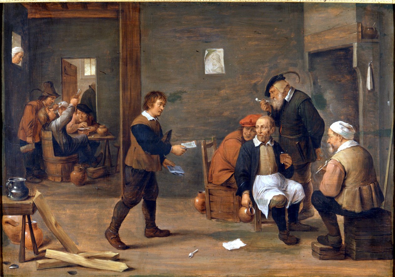 Férfiak melegítik magukat a kandalló előtt David Teniers (1610 - 1690) bisztrójában. Museo del Castello. Milánó alkotó: David Teniers the Younger