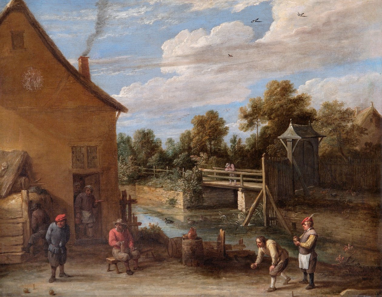Parasztok, akik tálat játszanak egy folyó melletti fogadó előtt (olaj, vászon) alkotó: David Teniers the Younger