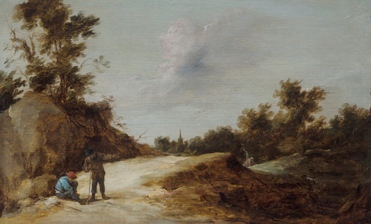 Parasztok pihennek egy ösvényen egy sziklás, erdős tájon alkotó: David Teniers the Younger
