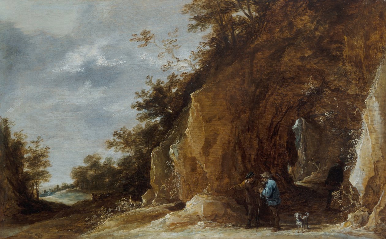 Parasztok pihennek egy ösvényen egy sziklás erdős tájon alkotó: David Teniers the Younger