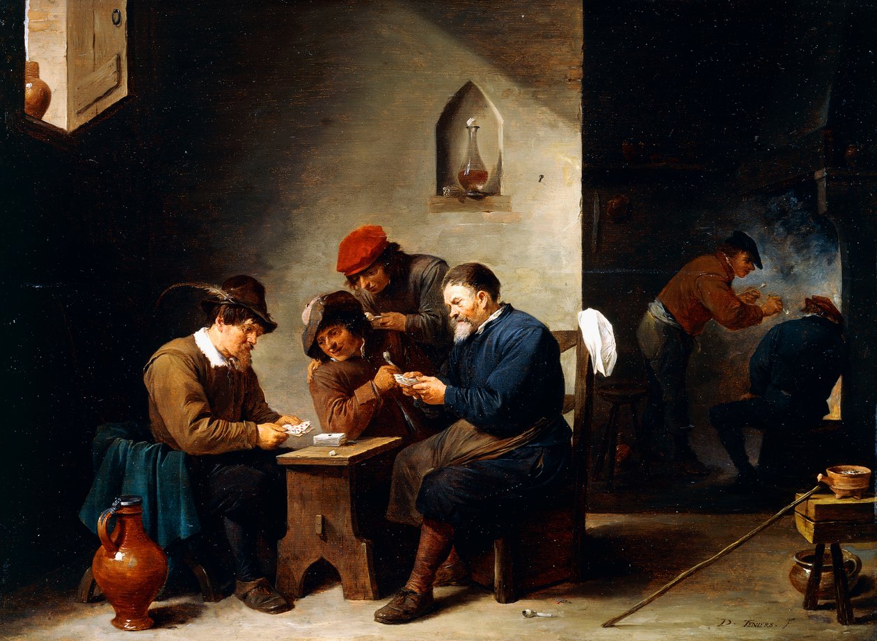 Parasztok a kártyákon egy kunyhóban, 1644-45 körül alkotó: David Teniers the Younger
