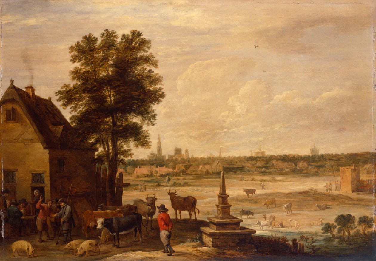 Parasztok alkut kötnek egy disznó eladása miatt Antwerpen város határán (olaj, tábla) alkotó: David Teniers the Younger
