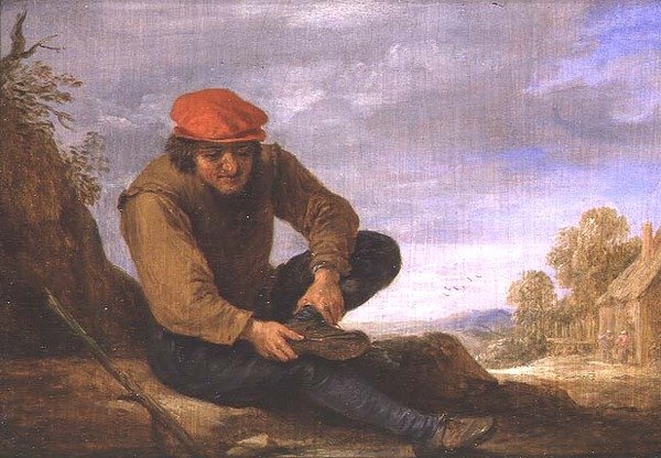 Ülő férfi, aki leveszi a cipőjét (panel) alkotó: David Teniers the Younger