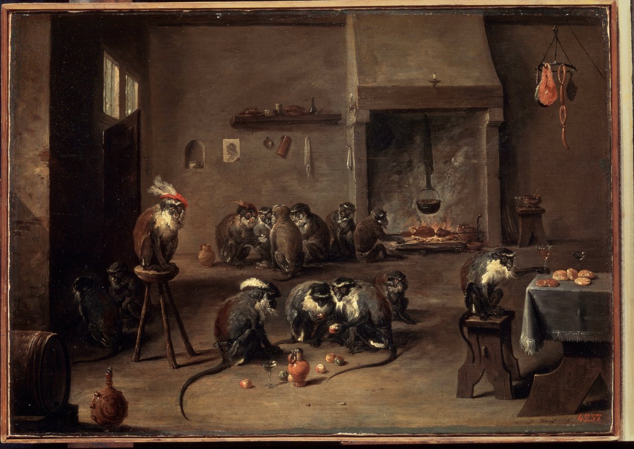 Majmok a konyhában. David Teniers ifjabb (1610-1690) festménye. Olaj, vászon, 36 x 50,5 cm, 1640 körül. Flamand művészet, barokk művészet. Ermitázs Múzeum, Szentpétervár. alkotó: David Teniers the Younger