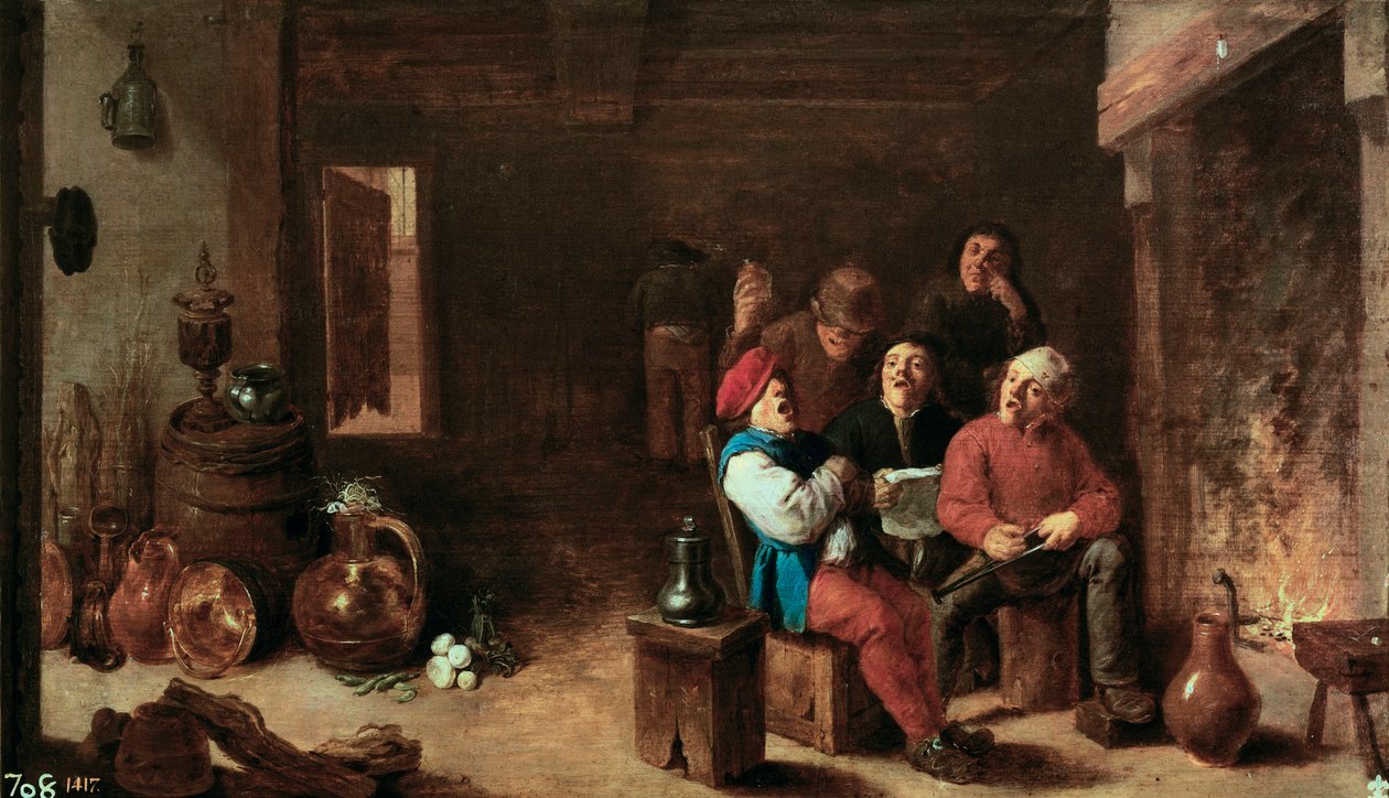 Ének a konyhában. David Teniers II. Fiatal festménye (1610-1690). Olaj, fa, 1633 körül, flamand művészet. Prado Múzeum, Madrid. alkotó: David Teniers the Younger