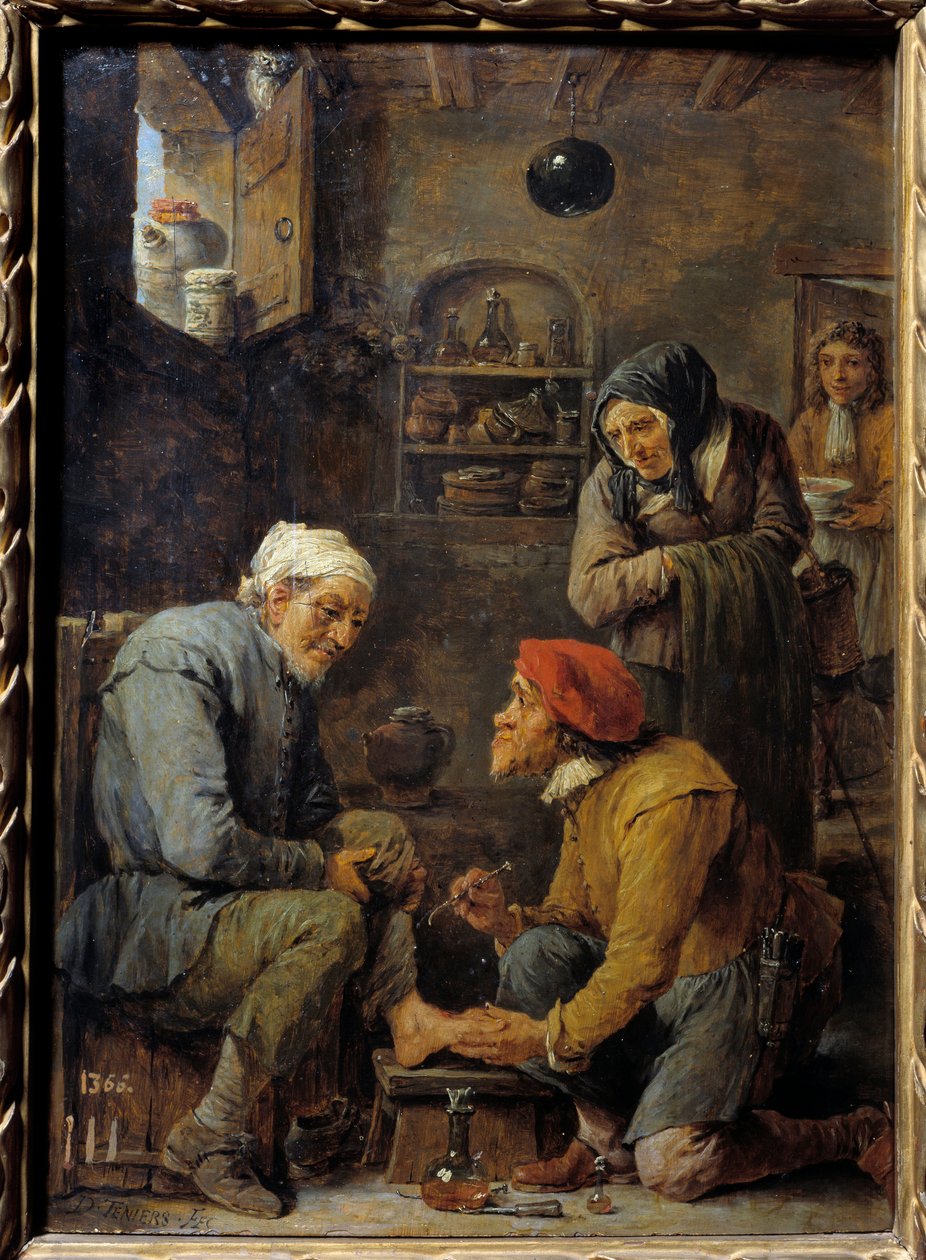 Sebészet Egy férfit elfogtak, hogy felnyissák a beteg lábát. David Teniers II. Fiatal festménye (1610-1690) 17. század V. 0,33x0,25 m Madrid, Prado Múzeum alkotó: David Teniers the Younger