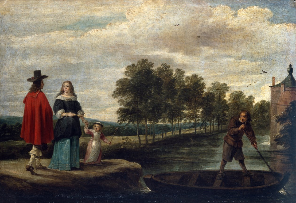 A művész, felesége és gyermeke kastélya árkánál, Perck (olaj, vászon) alkotó: David Teniers the Younger