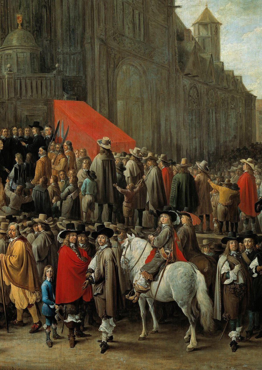 Papegai játék Brüsszelben 1652-ben Játék, amelyben egy rúd tetejére helyezett fából vagy kartonból készült madárból célba lőnek (részlet) alkotó: David Teniers the Younger