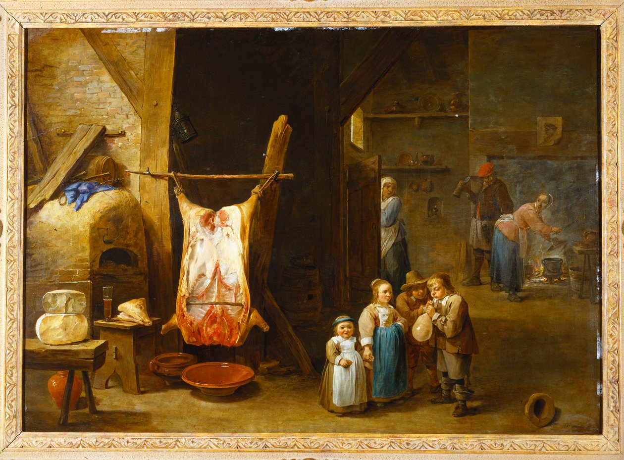Egy parasztház belseje disznótetemtel és egy hólyagot robbantó fiúval, 1646 alkotó: David Teniers the Younger