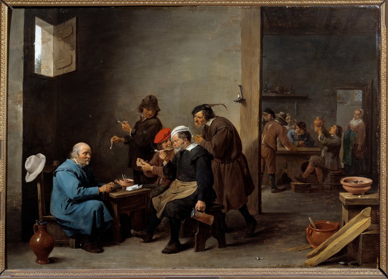 A fehér kalapos férfi Pipázó férfiak csoportja egy fogadóban. David Teniers II, a fiatal festménye (1610-1690) alkotó: David Teniers the Younger