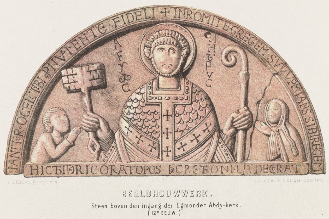 Tympaan van Egmond: íjdob Petrusszal, VI. Dirk holland gróffal és anyjával, Petronella grófnővel, 1120 körül Szobor. Kő az Egmonder Abdy templom bejárata felett (XII. század) (cím a tárgyon) alkotó: David van der Kellen