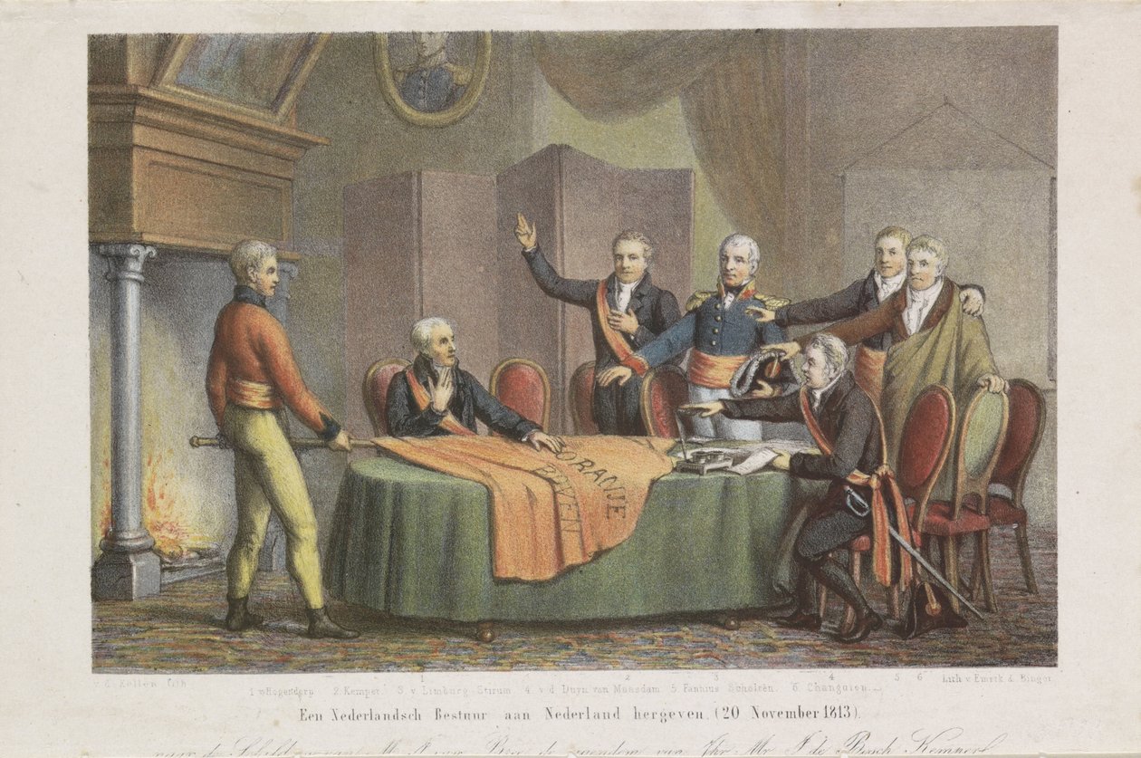 A főkormány elfogadása a triumvirátus által az narancssárga herceg nevében, 1813. november 21. Egy holland közigazgatás visszaadása Hollandiának. (1813. november 20.) (cím a tárgyon) alkotó: David van der Kellen