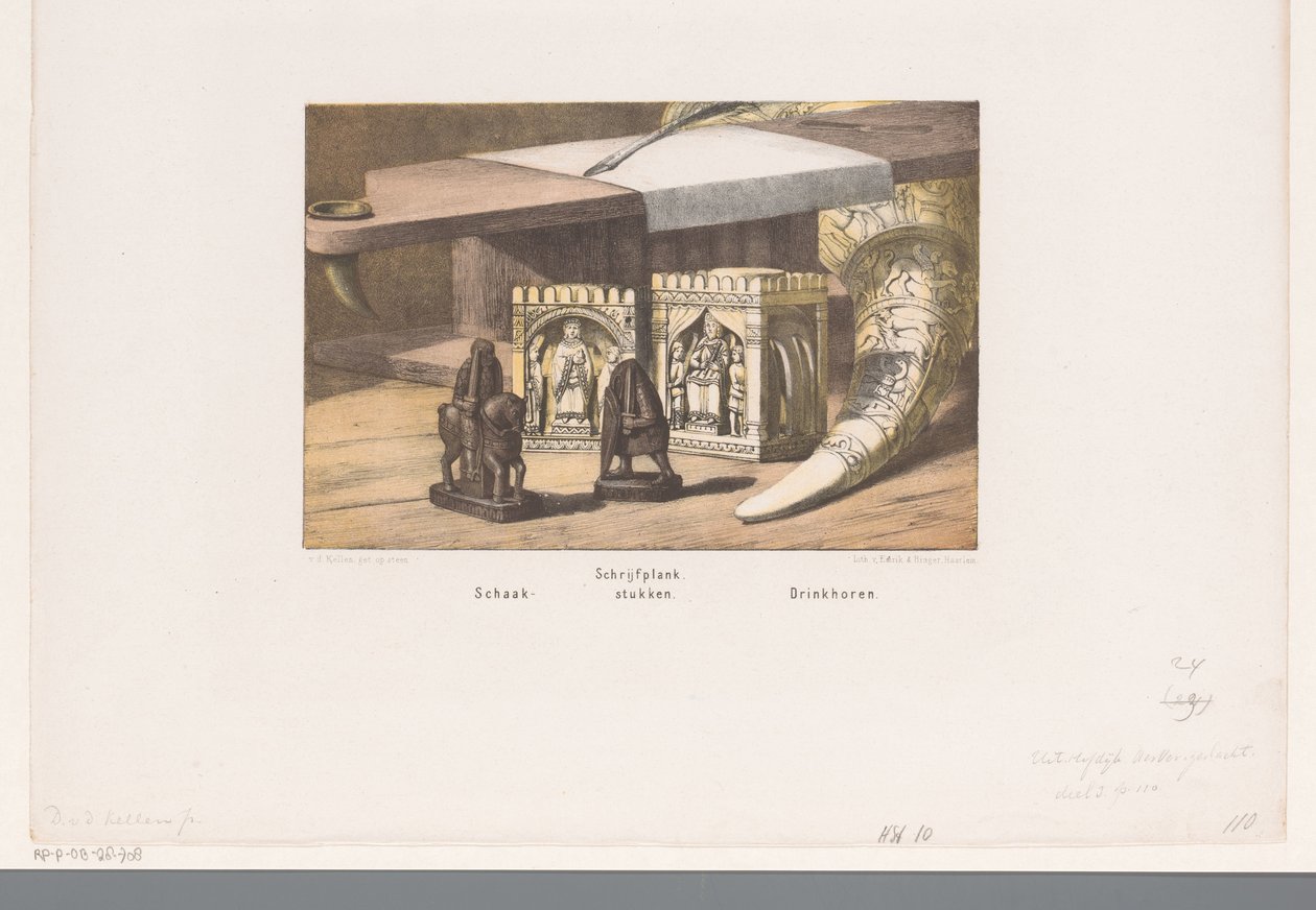 Sakkfigurák, írótábla és ivókürt, 8. és 9. század "Sakkfigurák, Írótábla, Ivókürt" (cím a tárgyon) alkotó: David van der Kellen