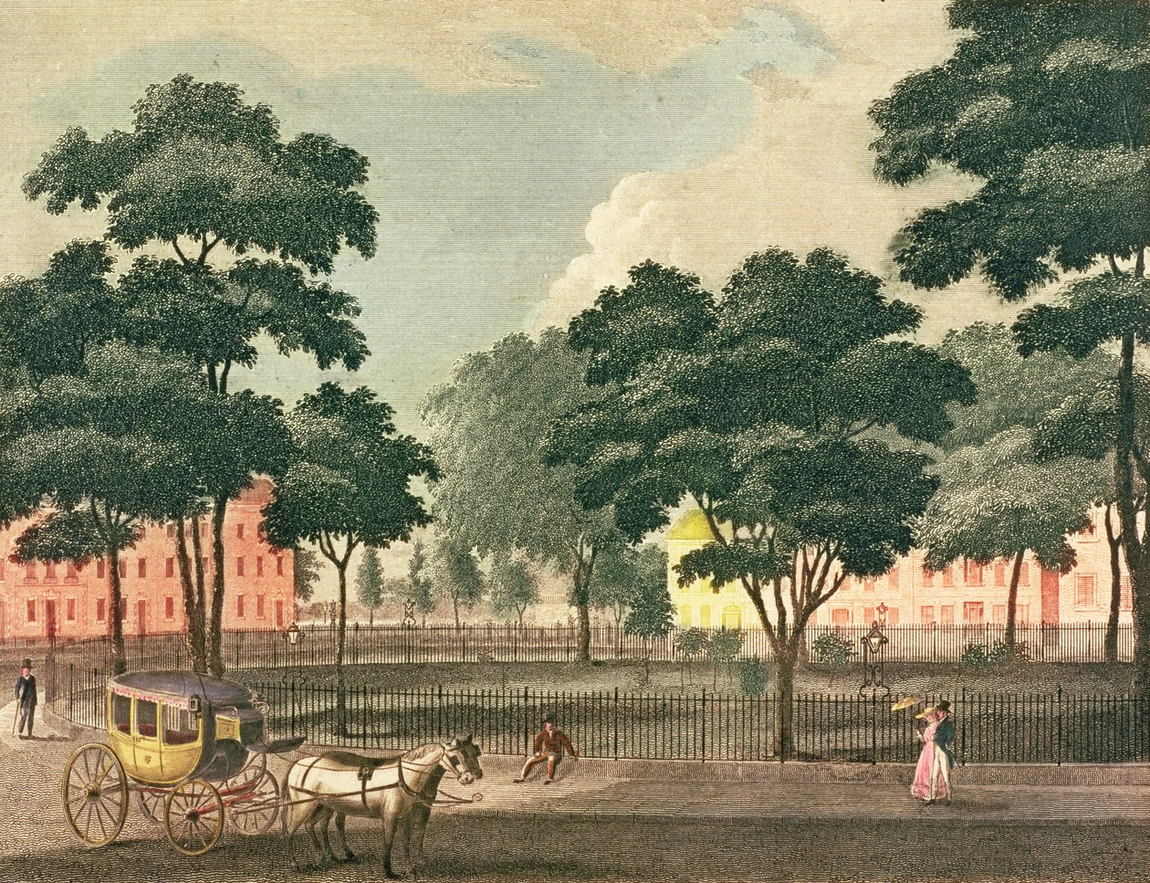 Kilátás a Bowling-Greenre, Broadway, rajzolva és gravírozva a New York Mirror számára, 1830 (színes gravírozás) alkotó: Davis