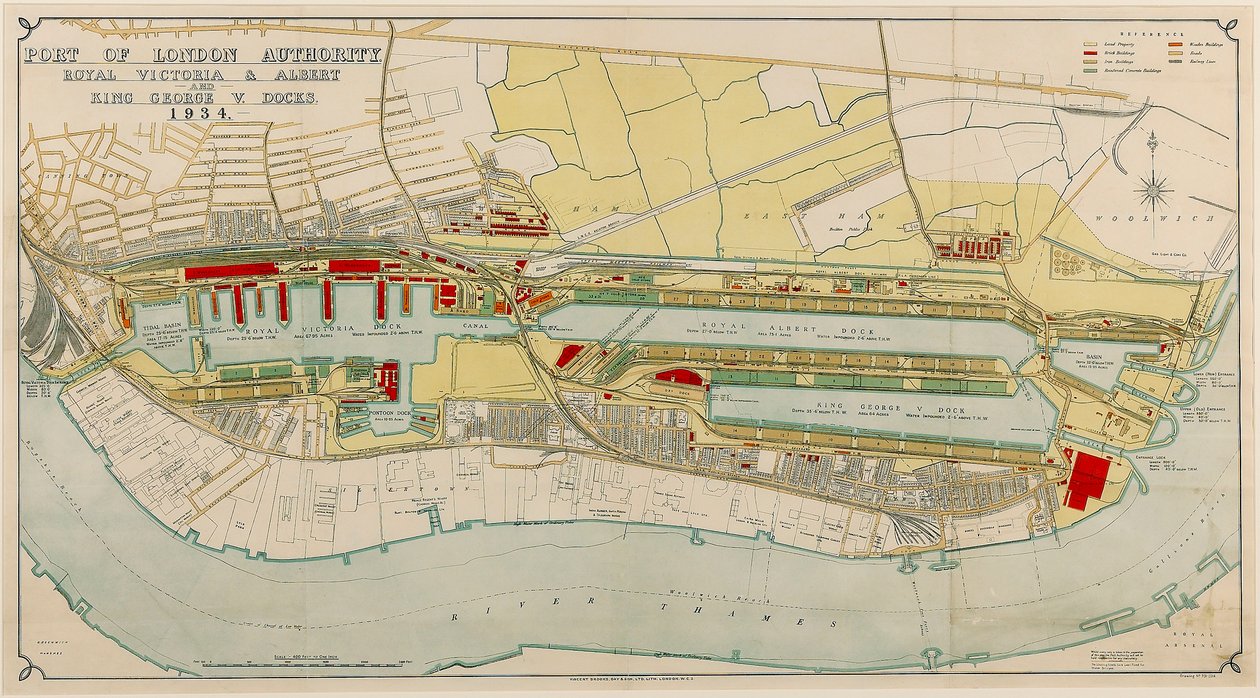 Royal Victoria and Albert and King George V Docks 1934, 1934 körül (nyomat) alkotó: Day & Son Vincent Brooks