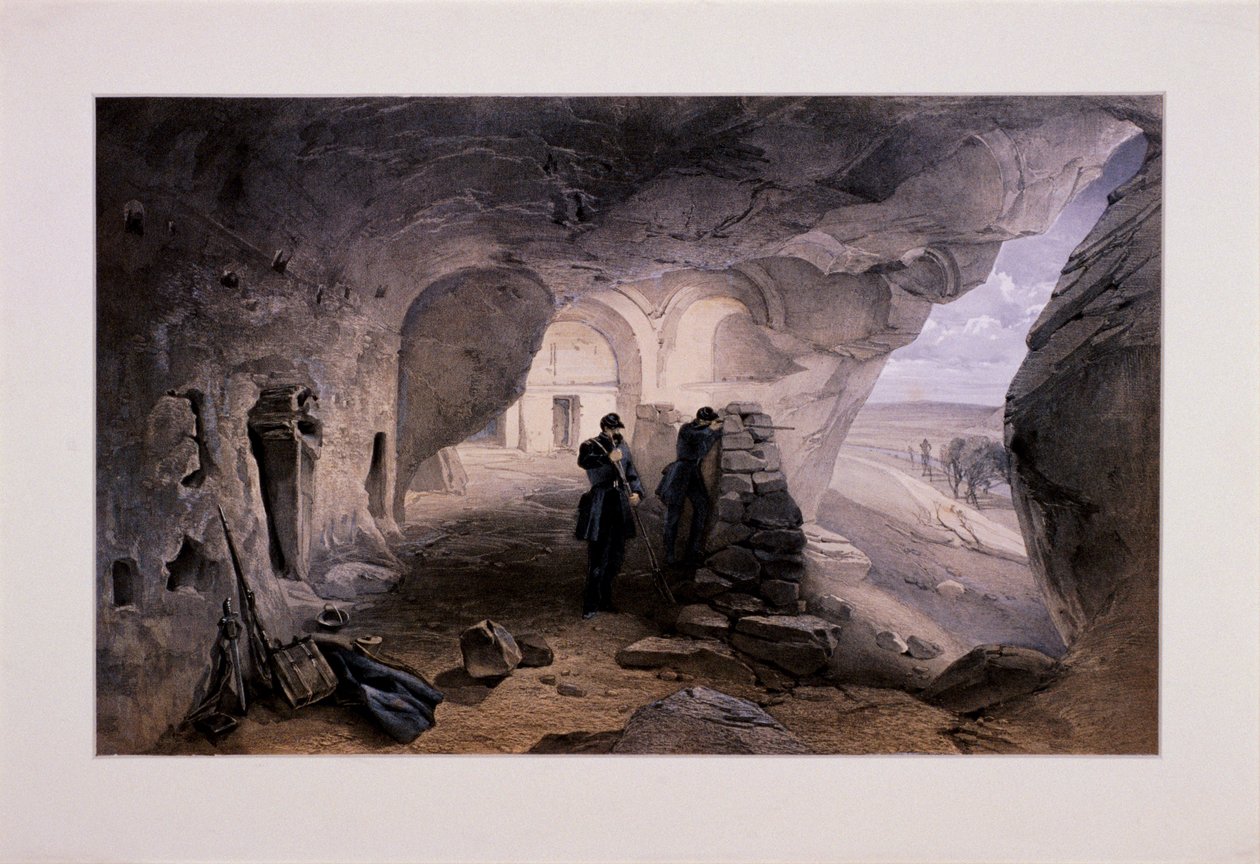 "Ukrajna, Krím-félszigeten, 1855-ben feltárt templom az Inkermann barlangjaiban nyugatra nézve" alkotó: Day and Son