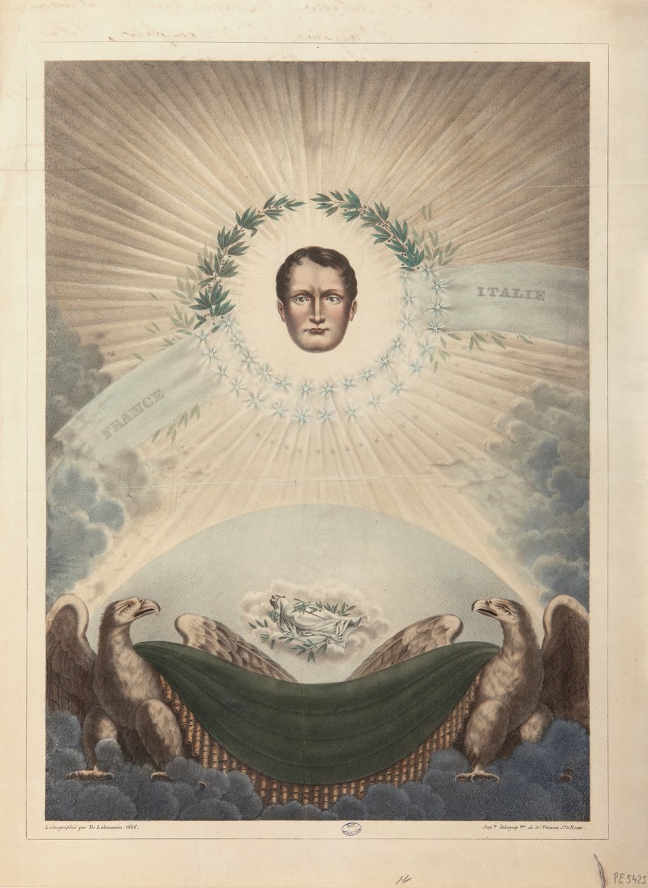 Napóleon allegóriája babérkoszorúval és csillaggal körülvéve, alatta pedig halott Napóleon lepelbe burkolva, 1828 alkotó: De Labarussias