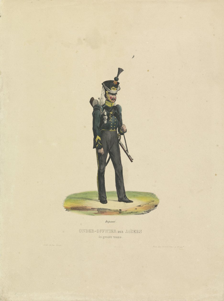 Vadász teljes ruhában, 1820-1825 Jagers kistiszt teljes egyenruhában (cím a tárgyon) alkotó: De la Cour