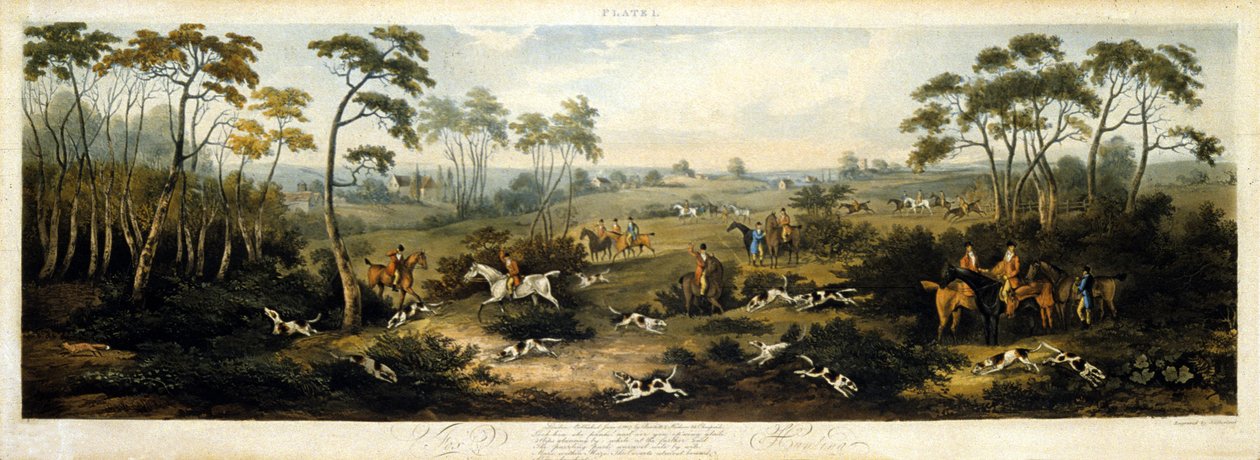 Rókavadászat, 1. tábla, vésette Thomas Sutherland (1785-1838) 1817 (színes litó) alkotó: Dean Snr. (after) Wolstenholme