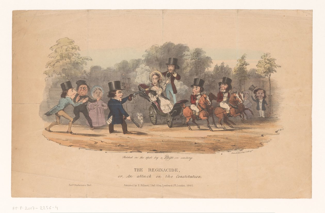 Aanslag op koningin Victoria, 1840 A Reginacid, vagy: Az alkotmány elleni támadás (cím a tárgyon) alkotó: Dean and Munday