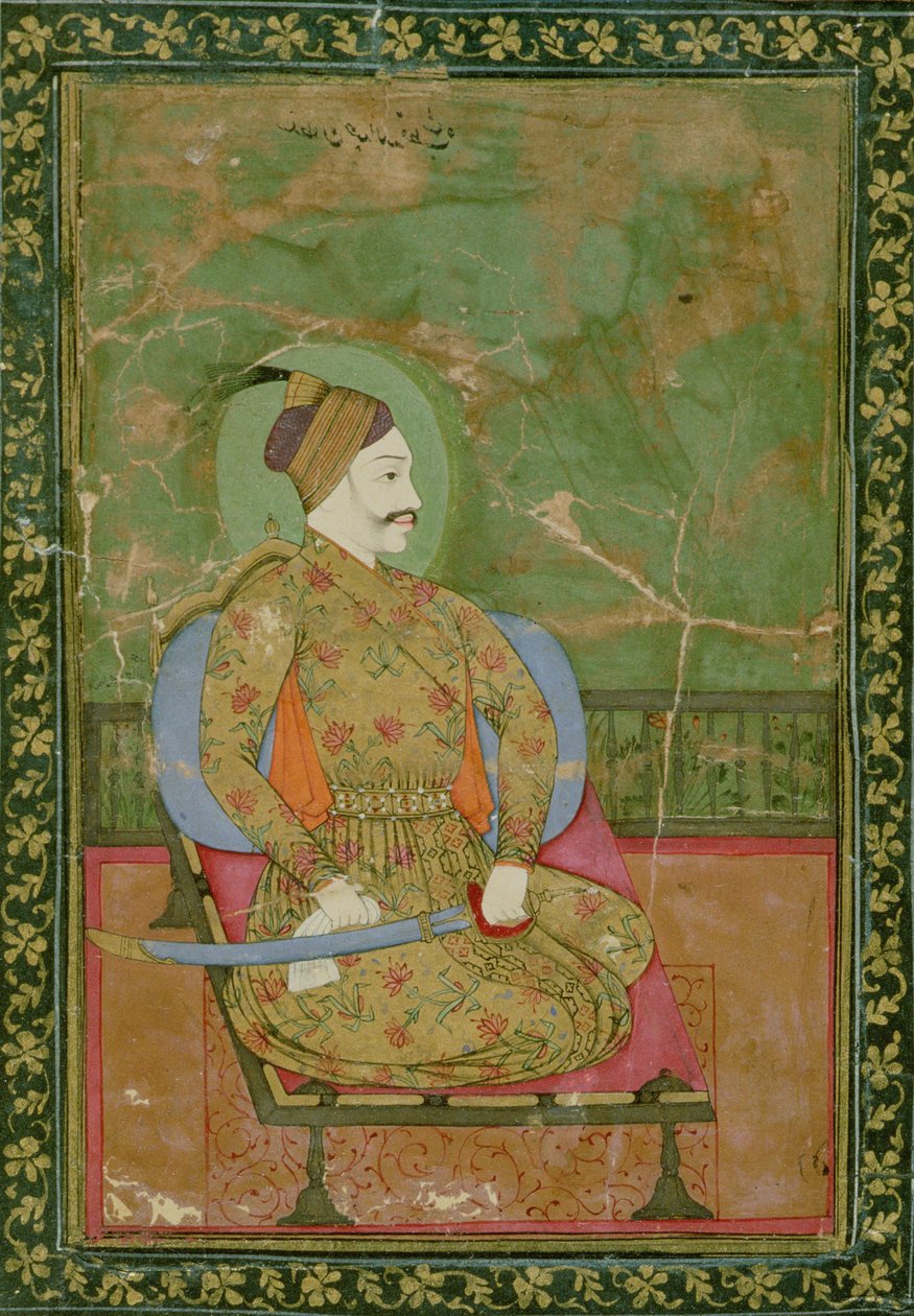 58.2025A Abdullah Qutb Shah szultán ülő portréja, Golconda, 1670, (guache papíron, arany és virágos arany mintás szegéllyel) alkotó: Deccani School