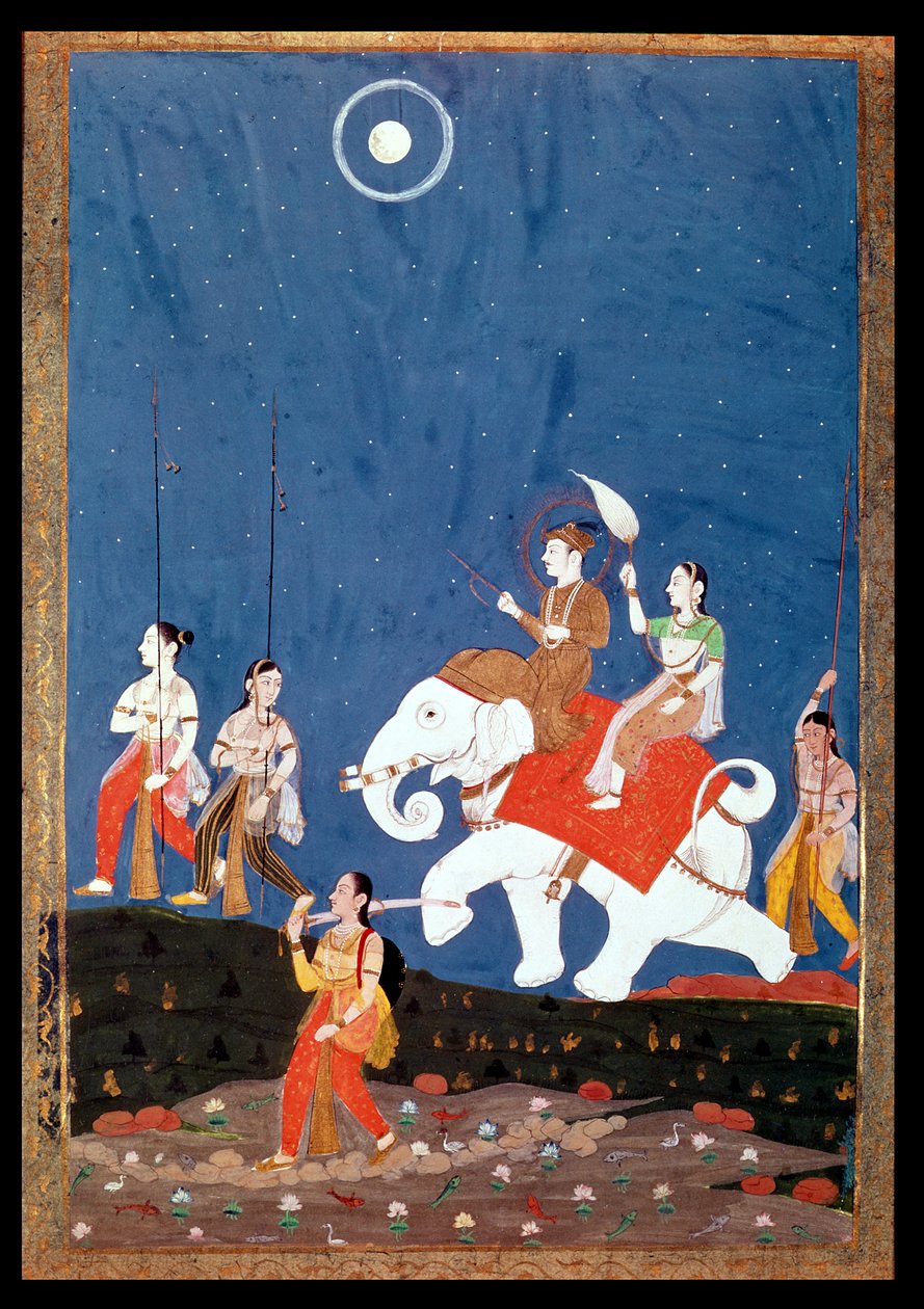 Indiai herceg fehér elefánton, Deepak Raga zenei mód illusztrációja, 19. század eleje alkotó: Deccani School