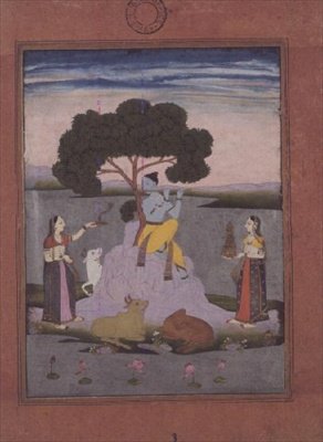 BL kat. no.428, egy Johnson-albumból 20, 3. tétel, Krisna játszik két gópival, Hyderabad, 1770 körül (guache arany, rózsaszín árnyalatú szegéllyel) alkotó: Deccani School