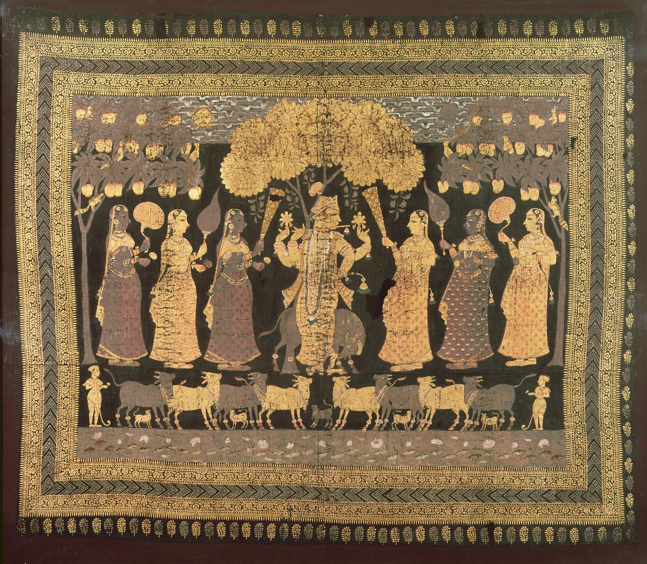 Krishna and his Gopis (átlátszatlan akvarell, arany és ezüst festett pamuton) alkotó: Deccani School