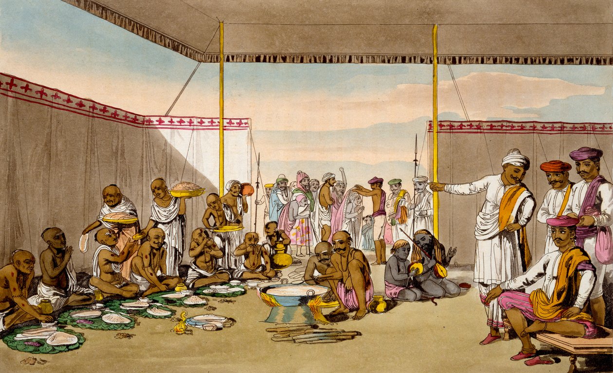A brahminokat szórakoztató Mahratta Surdar T. D. Broughton „A mahrattak jelmeze, jelleme, modora, házi szokásai és vallási szertartásai” című művéből, Baxter rézkarca, 1813 alkotó: Deen Alee