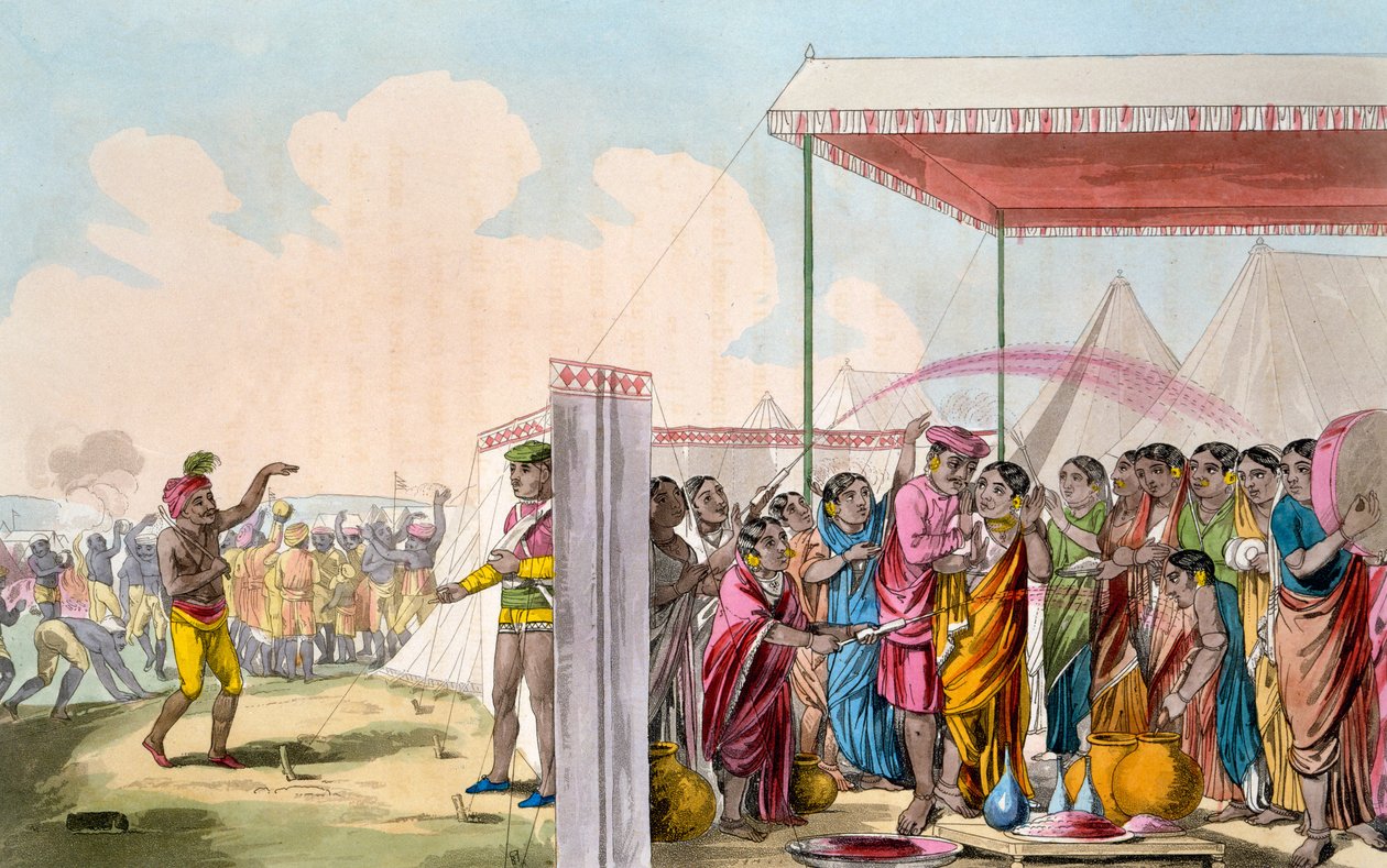 A Hohlee játéka, T. D. Broughton „A mahrattak jelmeze, karaktere, modora, háztartási szokásai és vallási szertartásai” című művéből, Baxter rézkarca, 1813 alkotó: Deen Alee