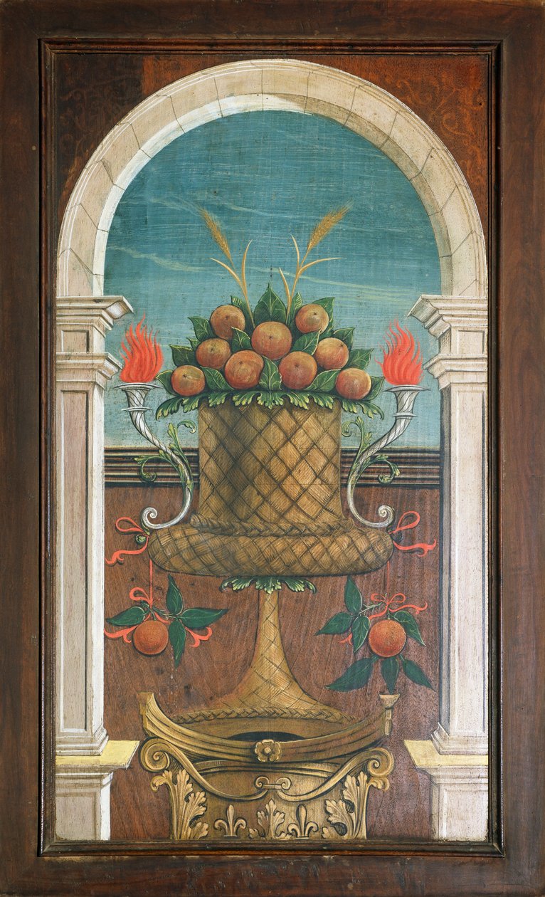 Gyümölcskosár, Defendente Ferrari (1480 vagy 1485-1540) festménye a 16. századi kórus hátulján, a Biella-i Szent Jeromos-templom. Olaszország alkotó: Defendente Ferrari