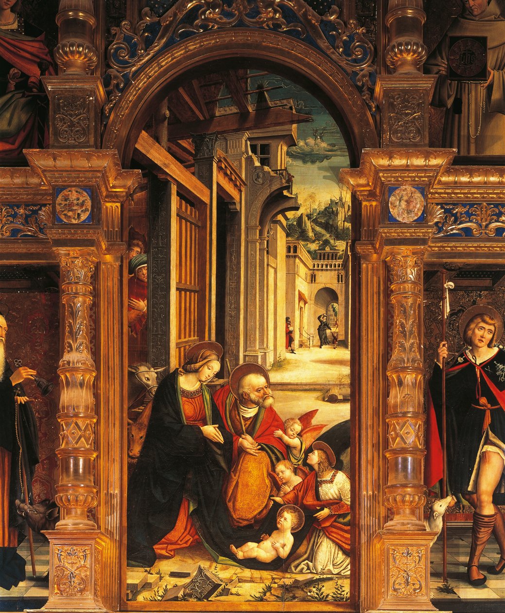Születés, részlet a 16. századi oltárképről, Defendente Ferrari (1480 vagy 1485-1540), Ranversoi Szent Antal apátság, Buttigliera Alta, Olaszország alkotó: Defendente Ferrari