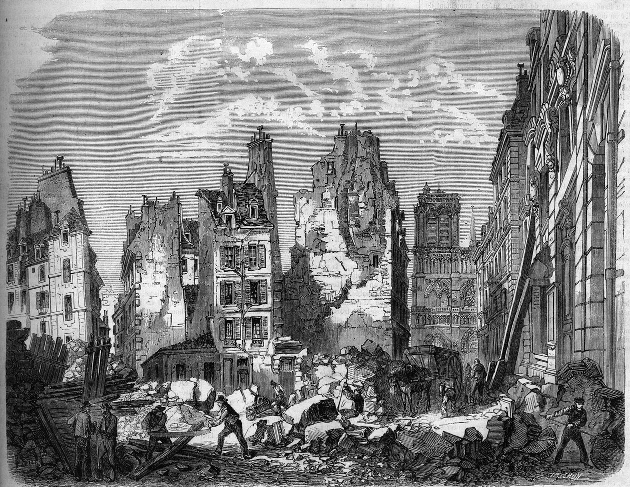 Párizs átalakulásai a második birodalom alatt, Haussmann Paris. Az Ile de la Cité egy részének megsemmisítése a Hotel Dieu bővítése érdekében, metszet egy alkotó: Delannoy Delannoy