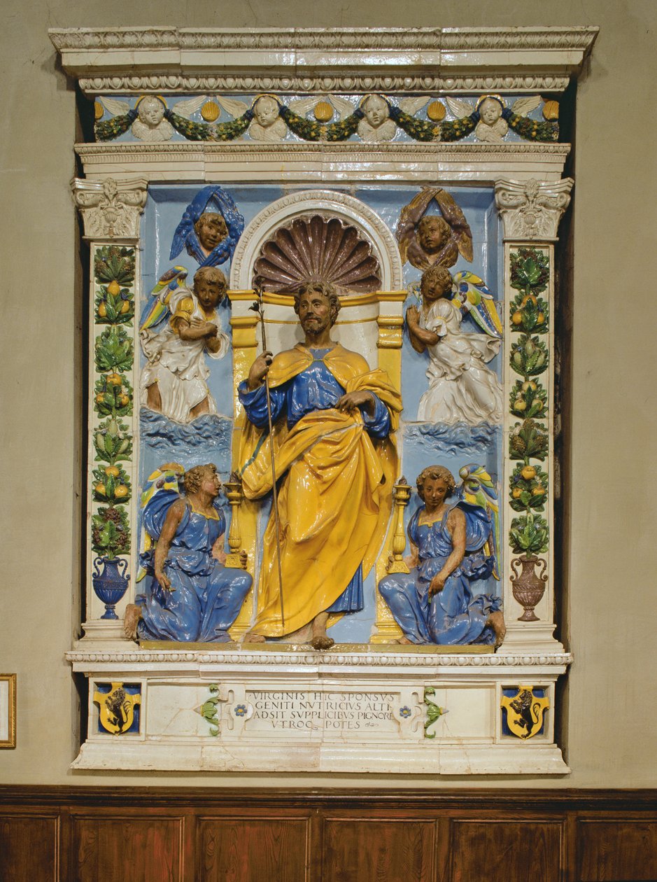 Krisztus angyalokkal trónol, dombormű (ónmázas cserép) alkotó: Luca Della Robbia