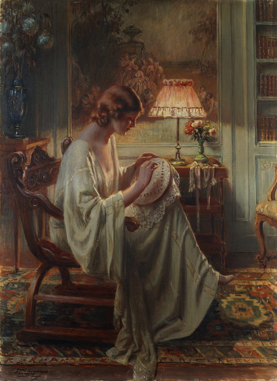 Egy belső térben varró hölgy alkotó: Delphin Enjolras