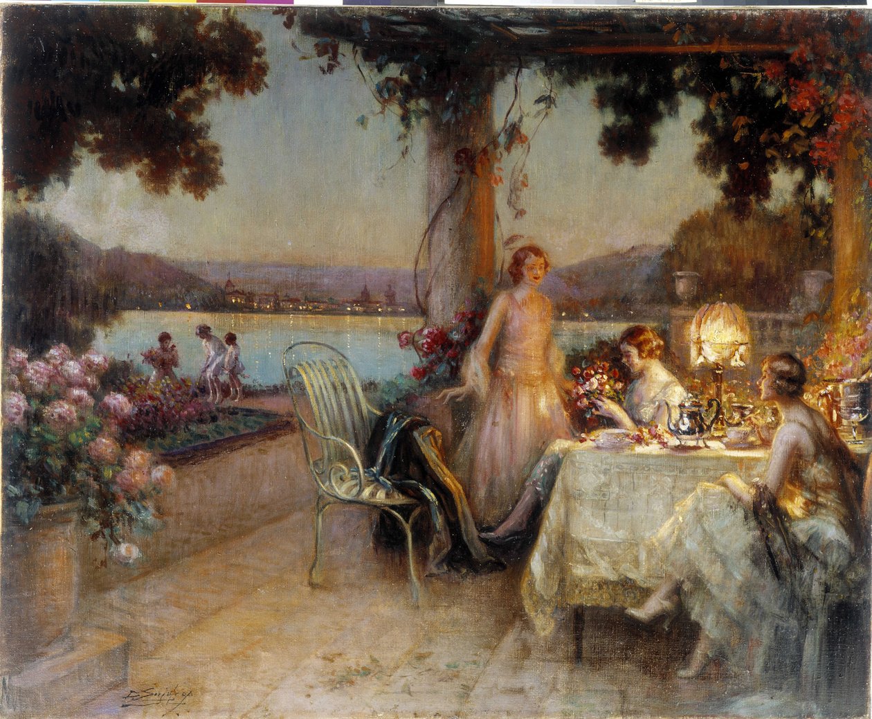 Este a teraszon. Delphin Enjolras (1857-1945) festménye, Kötelező megemlíteni: Gyűjtemény alapítványa a Provence-nak. Marseille (57x73 cm) DR alkotó: Delphin Enjolras