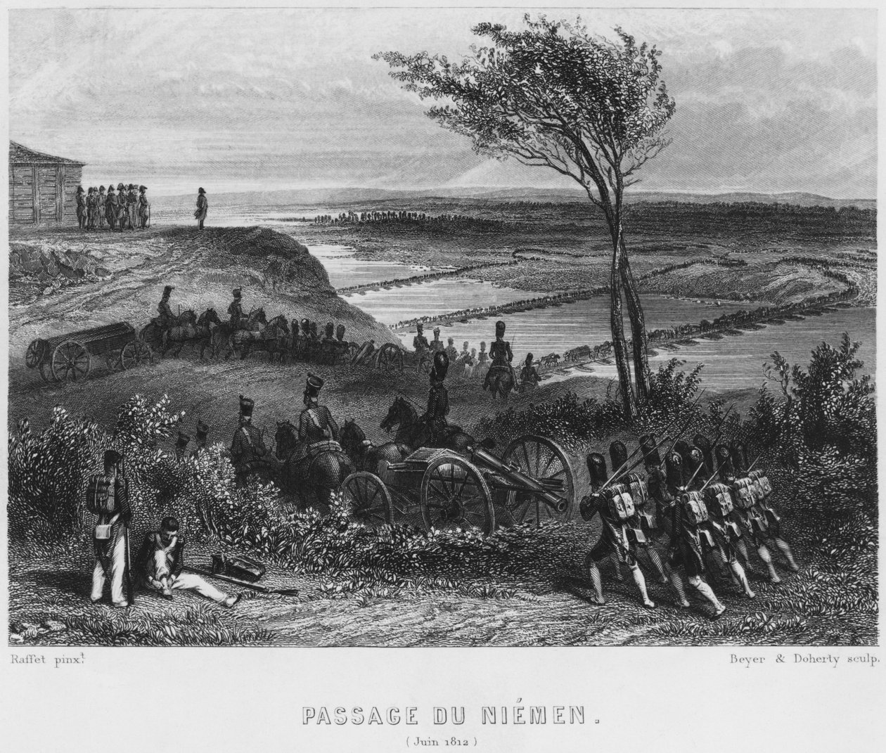 Átkelés a Niemen folyón 1812 júniusában, Beyer és Doherty metszetével alkotó: Denis Auguste Marie Raffet