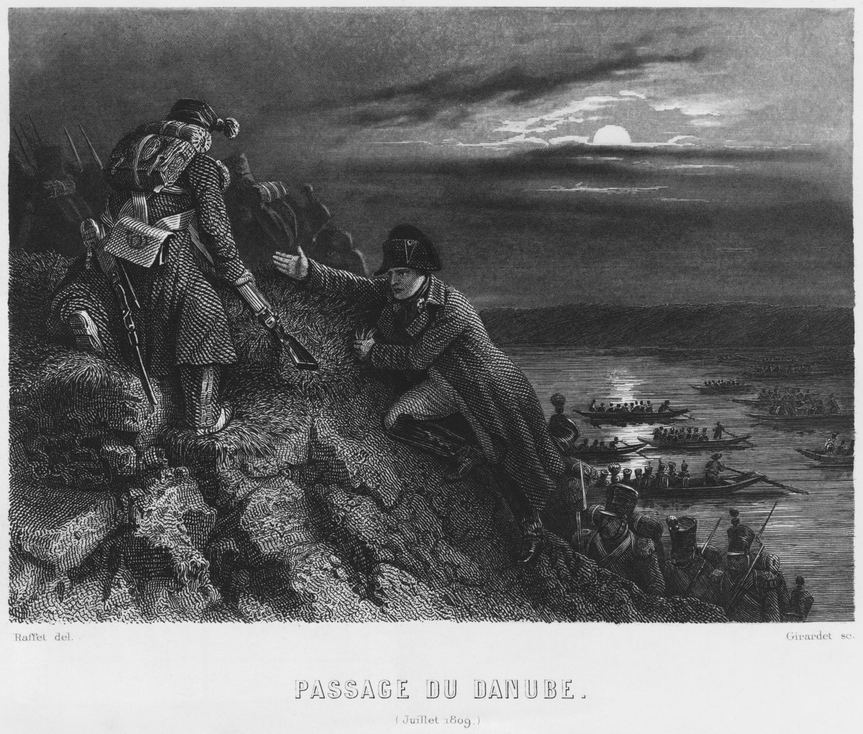 I. Bonaparte Napóleon (1769-1821) átkel a Dunán 1809. július 4-én éjjel, Abraham Girardet (1764-1823) metszetével alkotó: Denis Auguste Marie Raffet