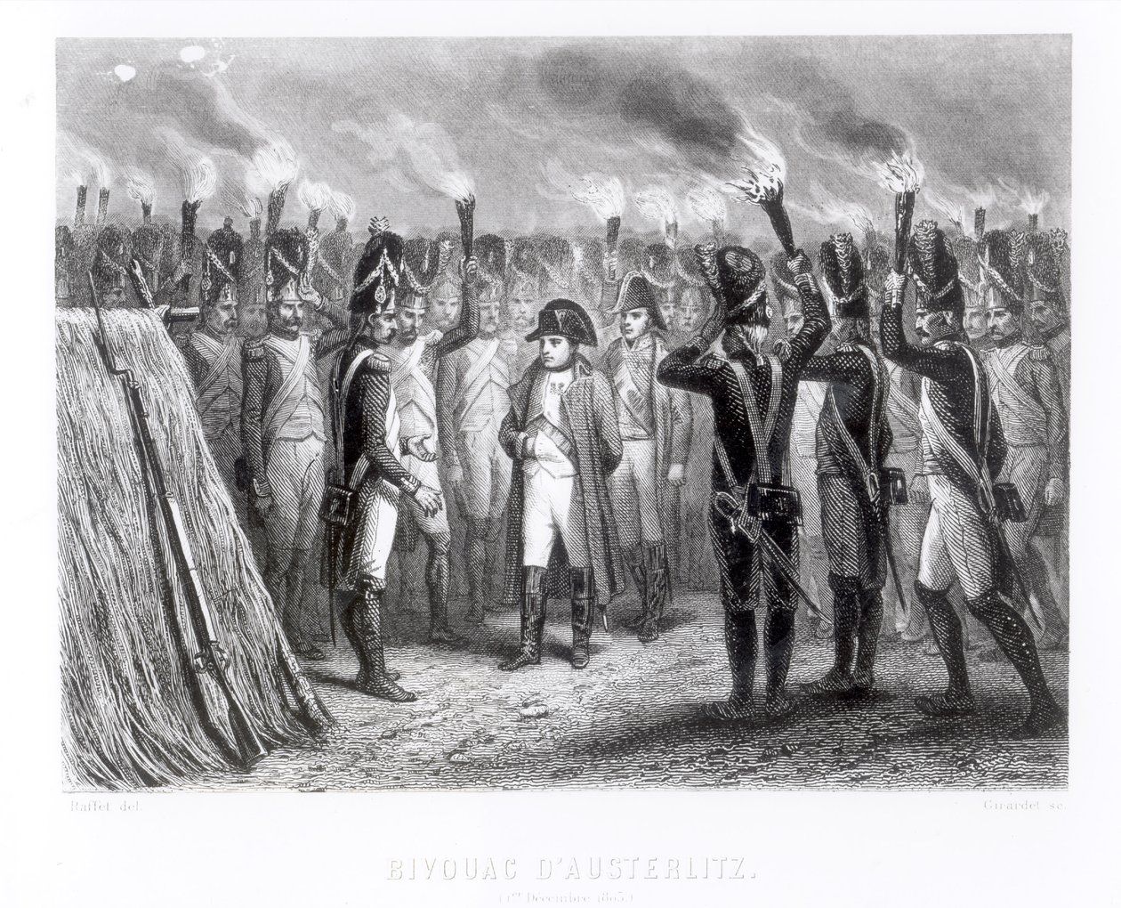Az austerlitzi éjszakai őrség, E. Giradel metszete alkotó: Denis Auguste Marie Raffet