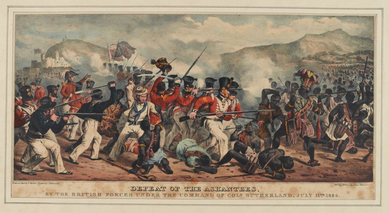 Ashantees legyőzése a Sutherland ezredes parancsnoksága alatt álló brit csapatok által, 1824. július 11., kiadta J. Ronis, 1825. alkotó: Denis Dighton