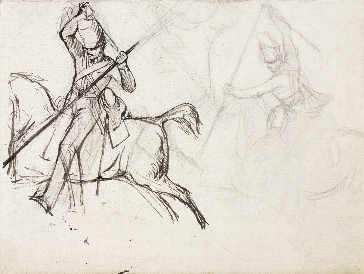 Tanulmányok Ewart őrmester, Scots Greys alakjához a francia sas elfogását bemutató festményhez a waterlooi csatában, 1815, 1817 körül (ceruza és tinta papíron) alkotó: Denis Dighton